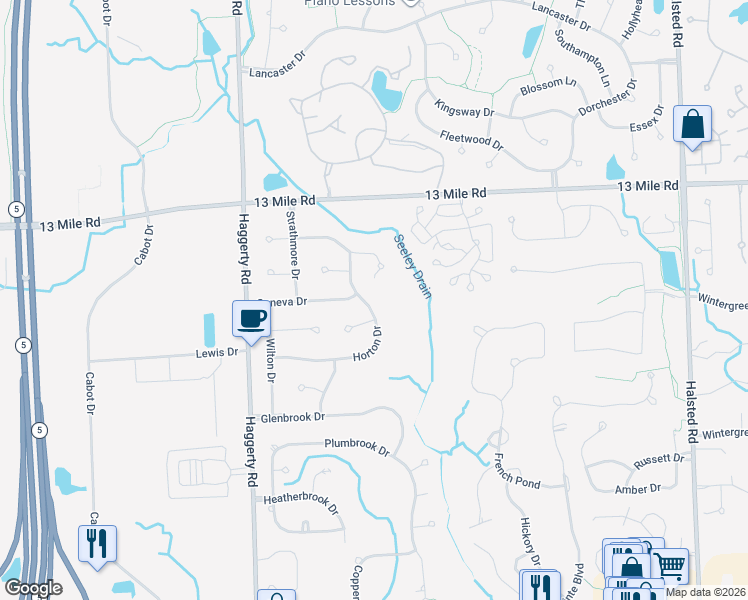 map of restaurants, bars, coffee shops, grocery stores, and more near 38609 Horton Drive in Farmington Hills