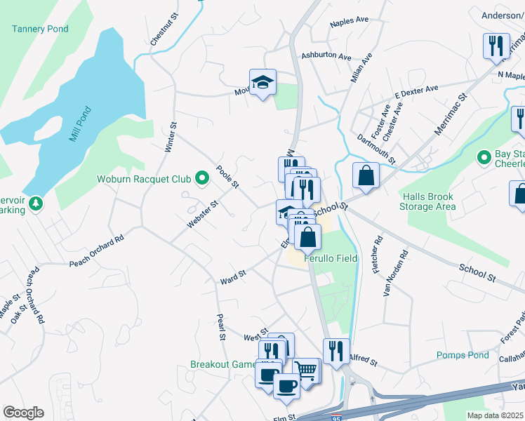 map of restaurants, bars, coffee shops, grocery stores, and more near 22 Nichols Street in Woburn