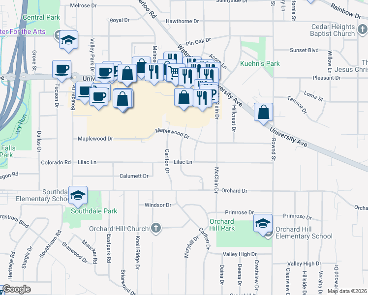 map of restaurants, bars, coffee shops, grocery stores, and more near 3232 Homeway Drive in Cedar Falls