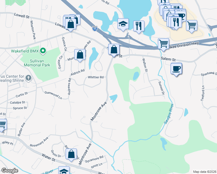 map of restaurants, bars, coffee shops, grocery stores, and more near 141 Montrose Avenue in Wakefield