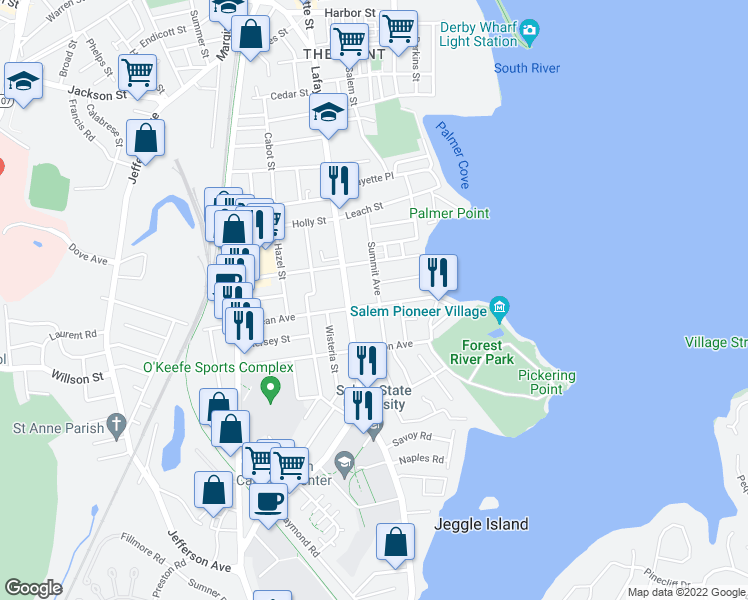 map of restaurants, bars, coffee shops, grocery stores, and more near 36 Ocean Avenue in Salem
