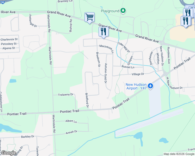 map of restaurants, bars, coffee shops, grocery stores, and more near 58297 Missaukee Lane in New Hudson