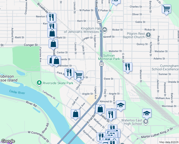 map of restaurants, bars, coffee shops, grocery stores, and more near 125 Chestnut Street in Waterloo