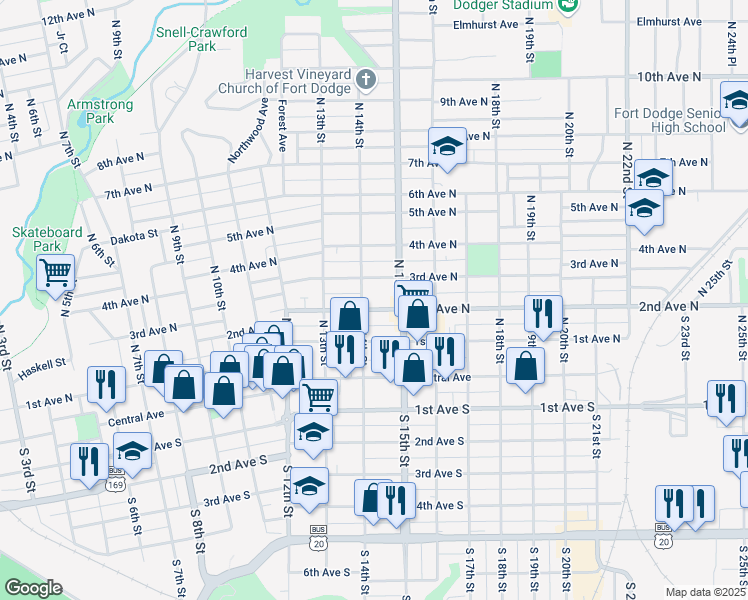 map of restaurants, bars, coffee shops, grocery stores, and more near 1412 2nd Avenue North in Fort Dodge
