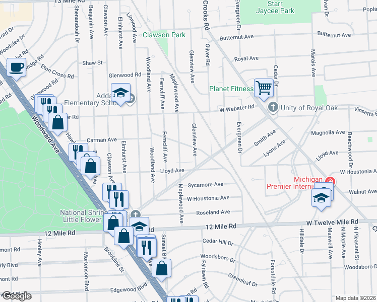 map of restaurants, bars, coffee shops, grocery stores, and more near 1803 Bonnie View Drive in Royal Oak