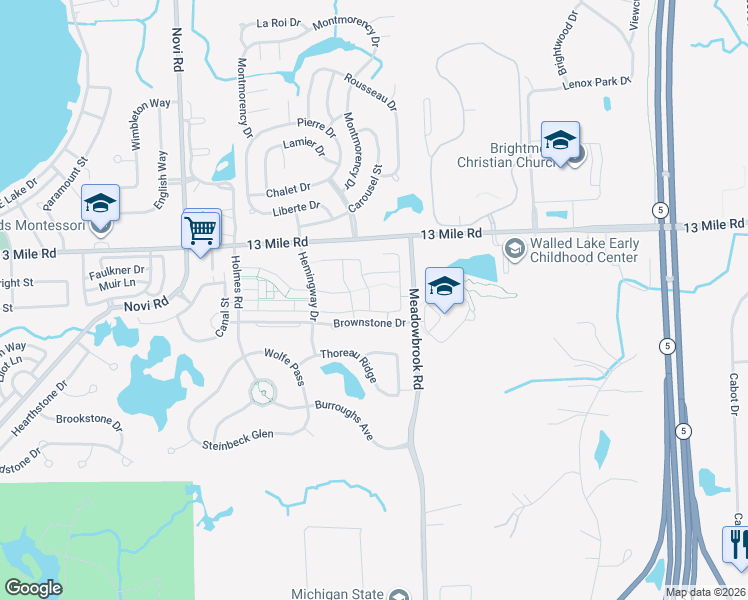 map of restaurants, bars, coffee shops, grocery stores, and more near 41733 Mitchell Road in Novi