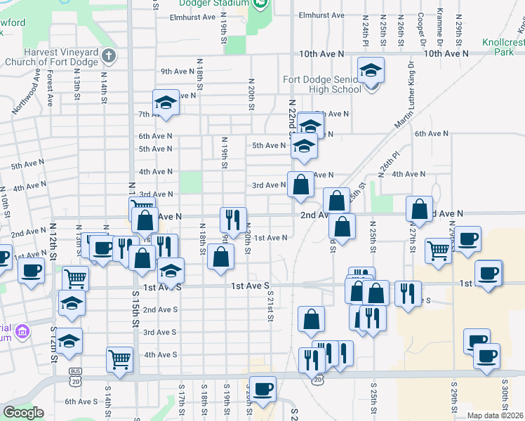 map of restaurants, bars, coffee shops, grocery stores, and more near 2018 2nd Avenue North in Fort Dodge