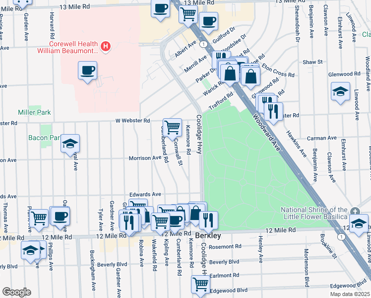map of restaurants, bars, coffee shops, grocery stores, and more near 4065 Kenmore Road in Berkley