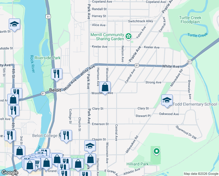map of restaurants, bars, coffee shops, grocery stores, and more near 1006 Prairie Avenue in Beloit