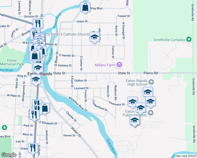 map of restaurants, bars, coffee shops, grocery stores, and more near 417 Gould Street in Eaton Rapids