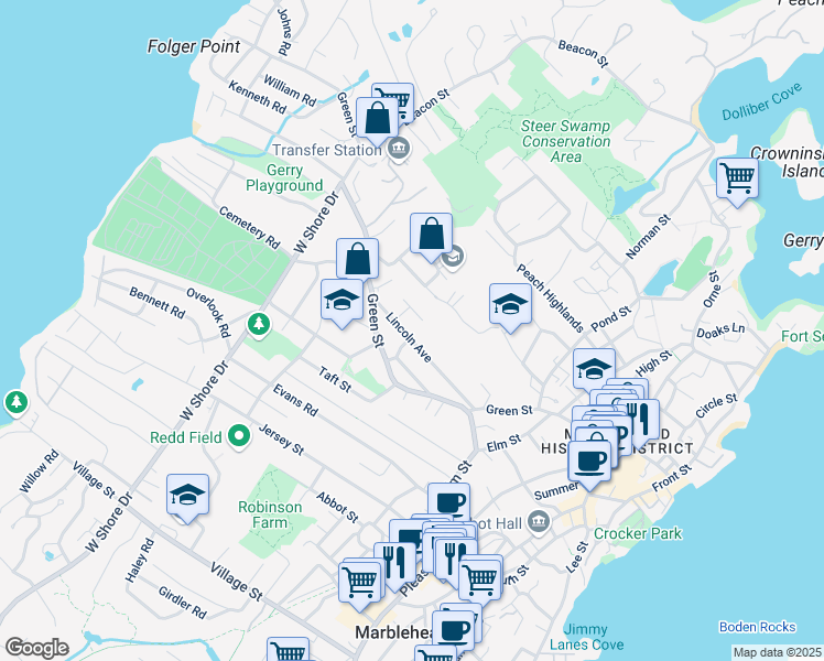 map of restaurants, bars, coffee shops, grocery stores, and more near 29 Lincoln Avenue in Marblehead