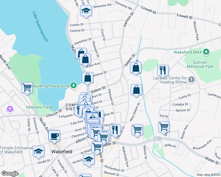 map of restaurants, bars, coffee shops, grocery stores, and more near 59 Pleasant Street in Wakefield