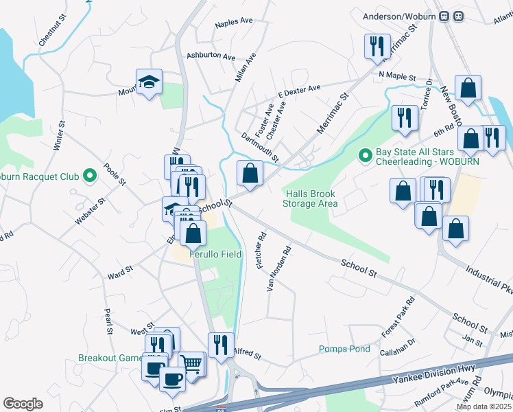 map of restaurants, bars, coffee shops, grocery stores, and more near 36 School Street in Woburn