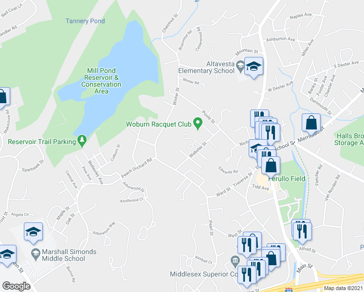 map of restaurants, bars, coffee shops, grocery stores, and more near 16 Northwoods Circle in Woburn