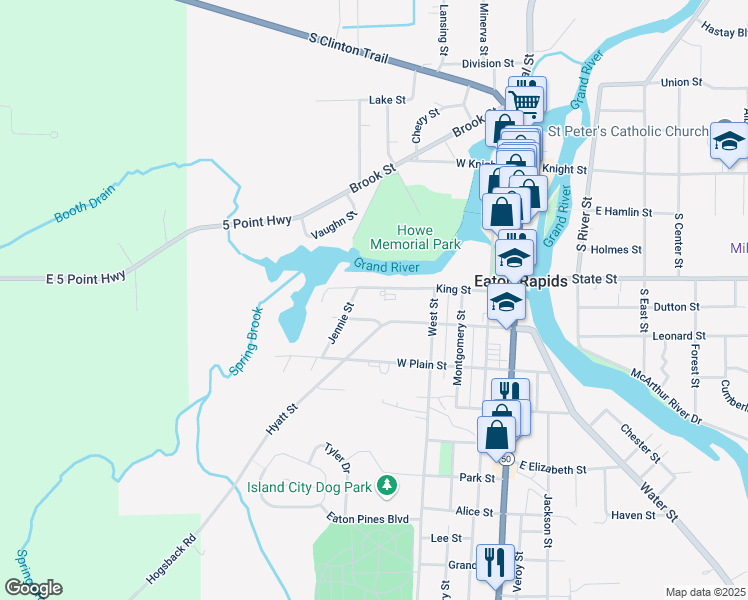 map of restaurants, bars, coffee shops, grocery stores, and more near 424 West Broad Street in Eaton Rapids