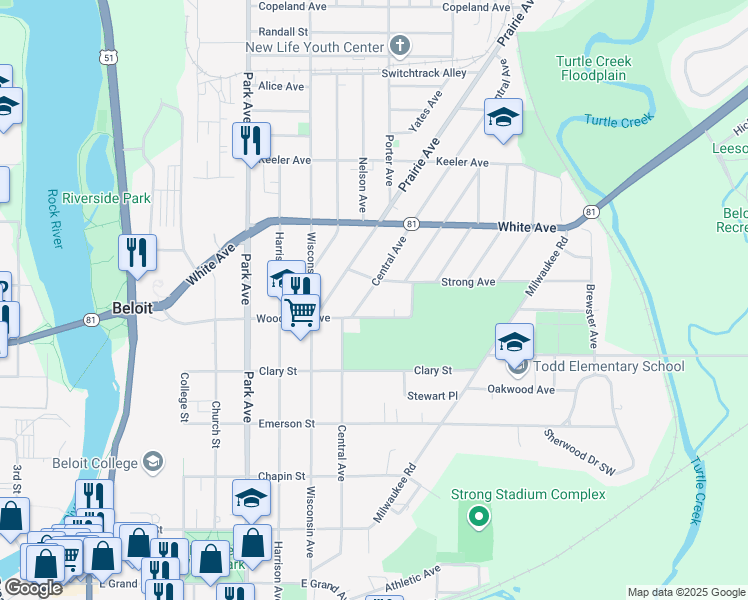 map of restaurants, bars, coffee shops, grocery stores, and more near 1015 Central Avenue in Beloit