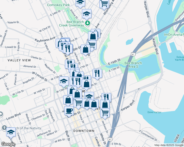 map of restaurants, bars, coffee shops, grocery stores, and more near 1515 Elm St in Dubuque