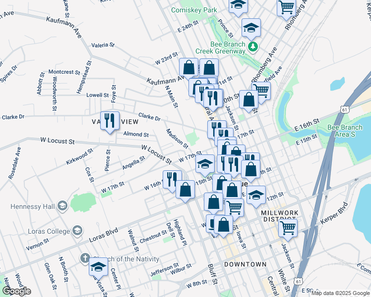 map of restaurants, bars, coffee shops, grocery stores, and more near 1745 Madison Street in Dubuque