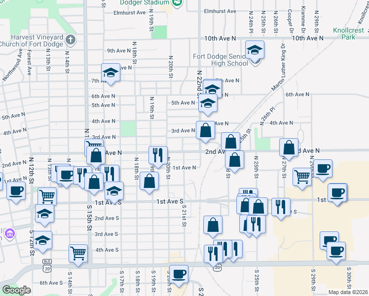 map of restaurants, bars, coffee shops, grocery stores, and more near 2018 2nd Avenue North in Fort Dodge