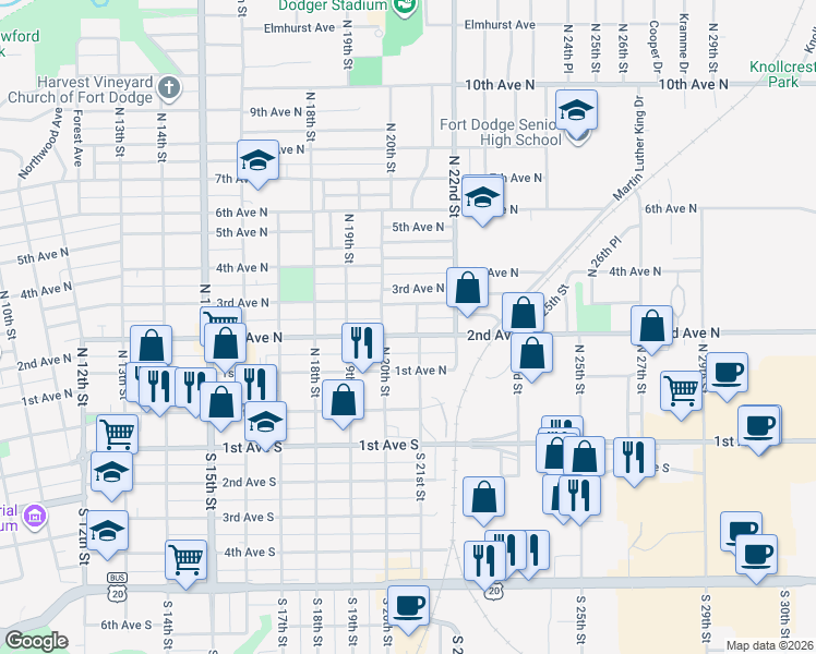 map of restaurants, bars, coffee shops, grocery stores, and more near 2018 2nd Avenue North in Fort Dodge