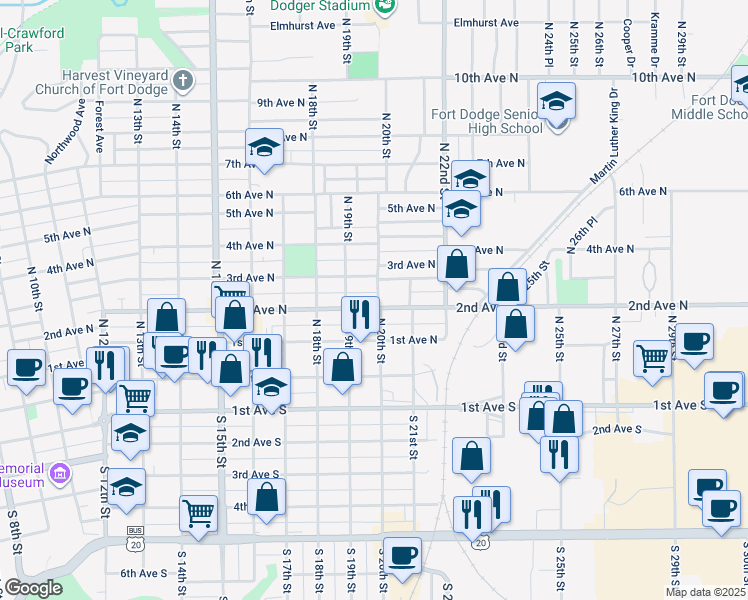 map of restaurants, bars, coffee shops, grocery stores, and more near 1920 2nd Avenue North in Fort Dodge