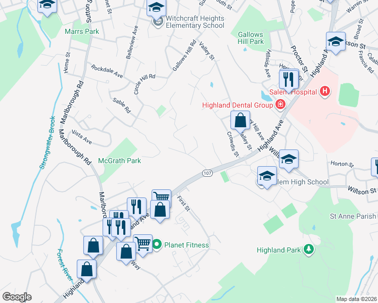 map of restaurants, bars, coffee shops, grocery stores, and more near 2 Seemore Street in Salem
