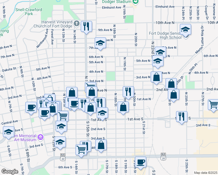map of restaurants, bars, coffee shops, grocery stores, and more near 1706 2nd Avenue North in Fort Dodge