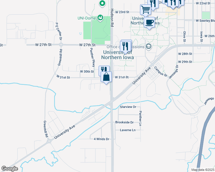 map of restaurants, bars, coffee shops, grocery stores, and more near 3205 Hudson Road in Cedar Falls