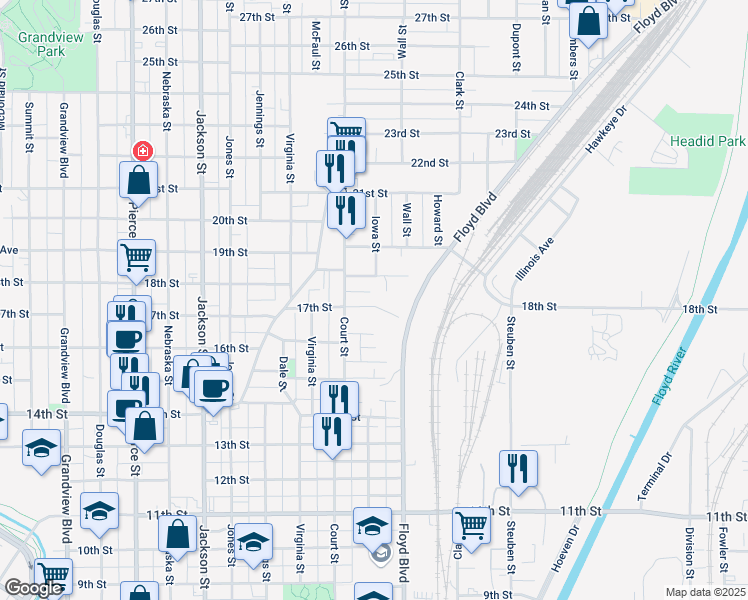map of restaurants, bars, coffee shops, grocery stores, and more near 1149 17th Street in Sioux City