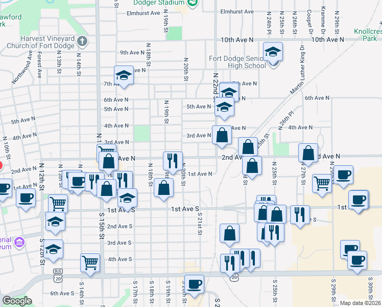 map of restaurants, bars, coffee shops, grocery stores, and more near 2018 2nd Avenue North in Fort Dodge