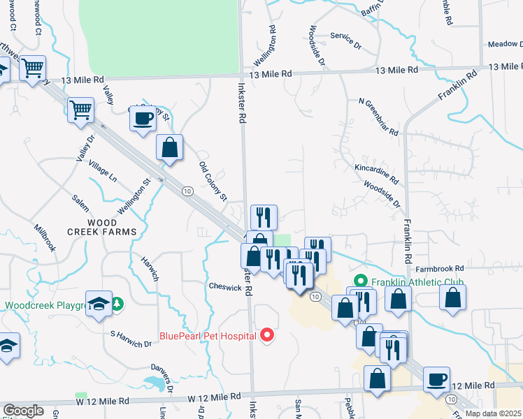 map of restaurants, bars, coffee shops, grocery stores, and more near 30150 Inkster Road in Franklin