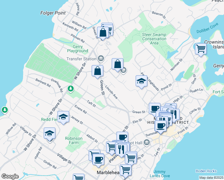 map of restaurants, bars, coffee shops, grocery stores, and more near 29 Lincoln Avenue in Marblehead