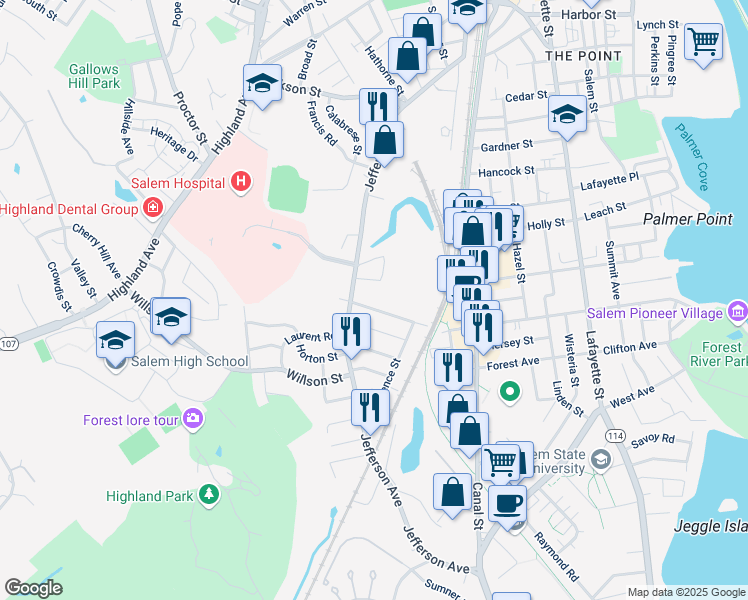 map of restaurants, bars, coffee shops, grocery stores, and more near 184 Ocean Avenue West in Salem