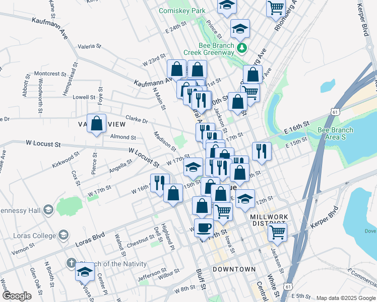 map of restaurants, bars, coffee shops, grocery stores, and more near 135 West 17th Street in Dubuque
