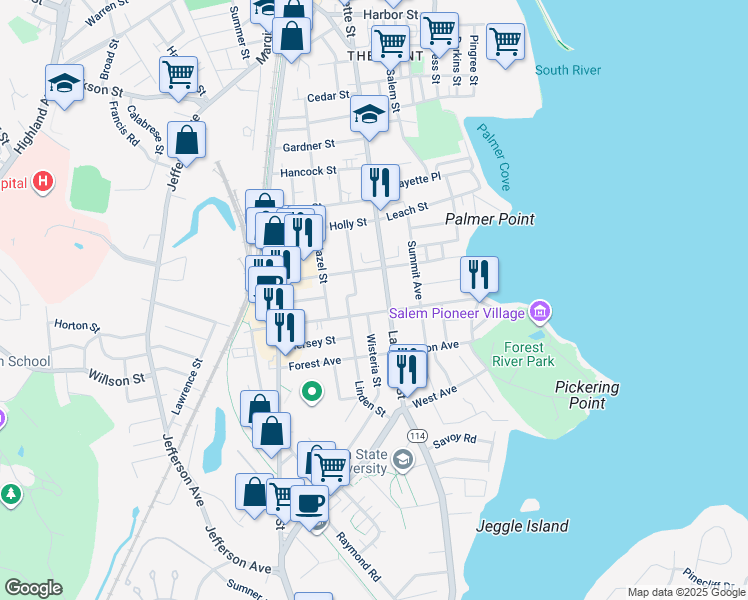 map of restaurants, bars, coffee shops, grocery stores, and more near 278 Lafayette Street in Salem