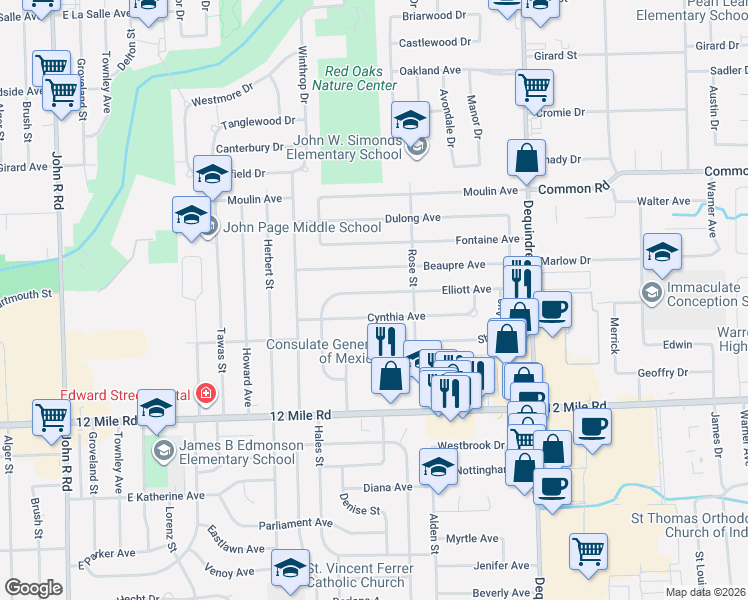 map of restaurants, bars, coffee shops, grocery stores, and more near 1312 Elliott Avenue in Madison Heights