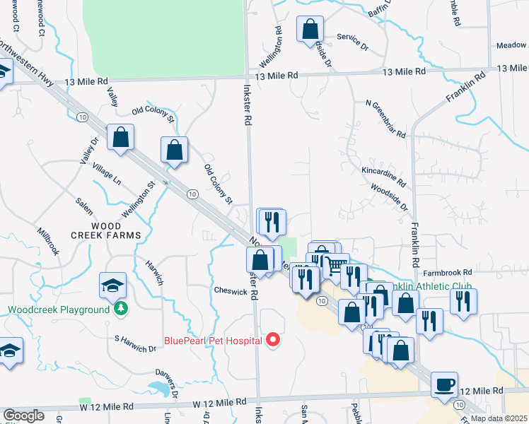 map of restaurants, bars, coffee shops, grocery stores, and more near 30150 Inkster Road in Franklin