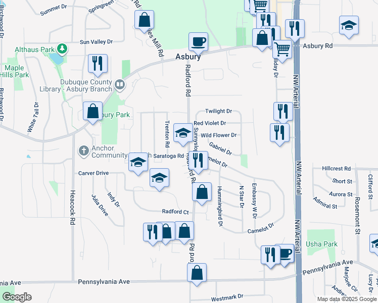 map of restaurants, bars, coffee shops, grocery stores, and more near 2198 Radford Road in Asbury