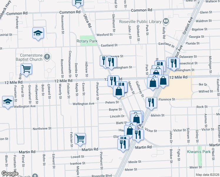 map of restaurants, bars, coffee shops, grocery stores, and more near 17866 Wellworth Street in Roseville