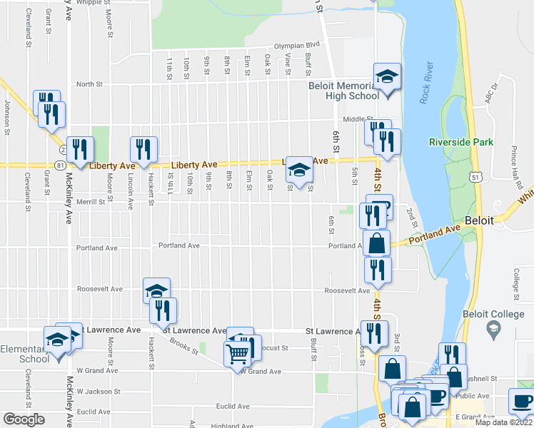 map of restaurants, bars, coffee shops, grocery stores, and more near 946 Oak Street in Beloit