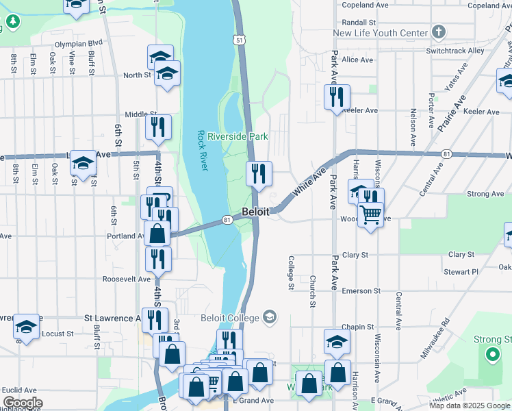 map of restaurants, bars, coffee shops, grocery stores, and more near 1005 Pleasant Street in Beloit