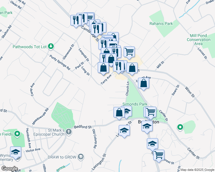 map of restaurants, bars, coffee shops, grocery stores, and more near 21 Terry Avenue in Burlington
