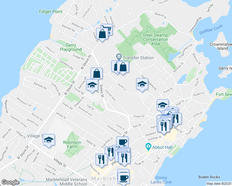 map of restaurants, bars, coffee shops, grocery stores, and more near 31 Lincoln Avenue in Marblehead