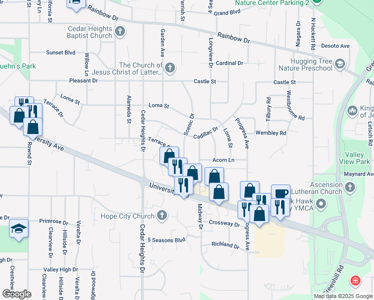 map of restaurants, bars, coffee shops, grocery stores, and more near 3228 Scenic Drive in Cedar Falls