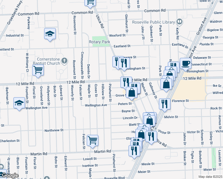 map of restaurants, bars, coffee shops, grocery stores, and more near 17808 Wellworth Street in Roseville
