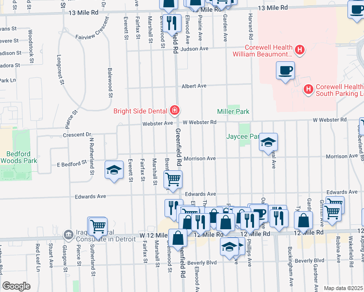 map of restaurants, bars, coffee shops, grocery stores, and more near 4114 Greenfield Road in Berkley