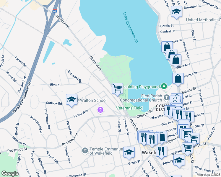 map of restaurants, bars, coffee shops, grocery stores, and more near 490 North Avenue in Wakefield