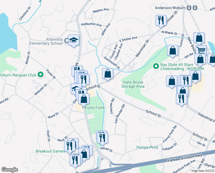 map of restaurants, bars, coffee shops, grocery stores, and more near 36 School Street in Woburn