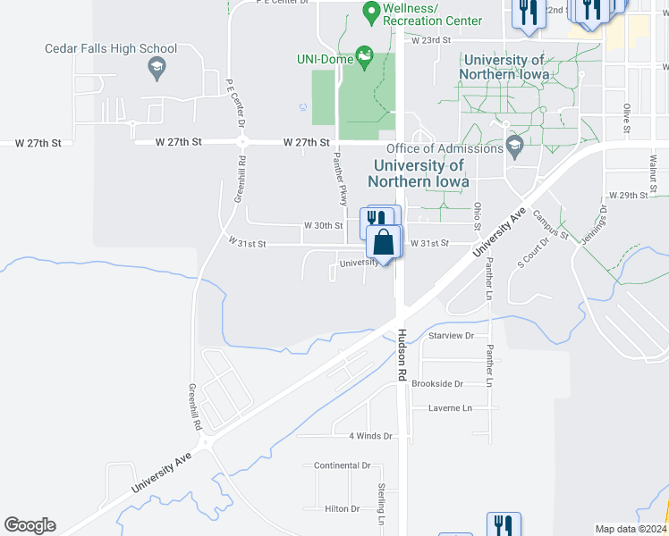 map of restaurants, bars, coffee shops, grocery stores, and more near 3119 Hudson Road in Cedar Falls