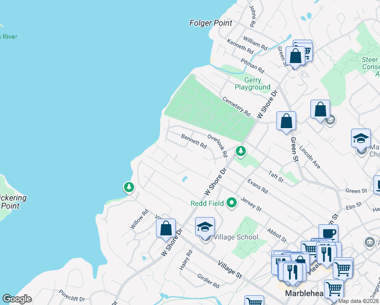 map of restaurants, bars, coffee shops, grocery stores, and more near 140 Puritan Road in Marblehead